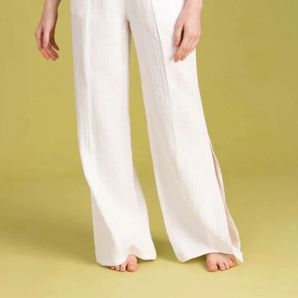 SEDGE Harrison Pant White 100% Cotton Gauze Wide Leg‎ Side Slit Small